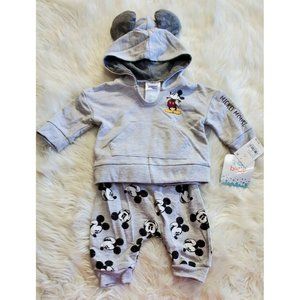 NWT Disney Baby 3 pc Set Mickey Mouse Hoodie and Pants Set - Grey - 0-3 M